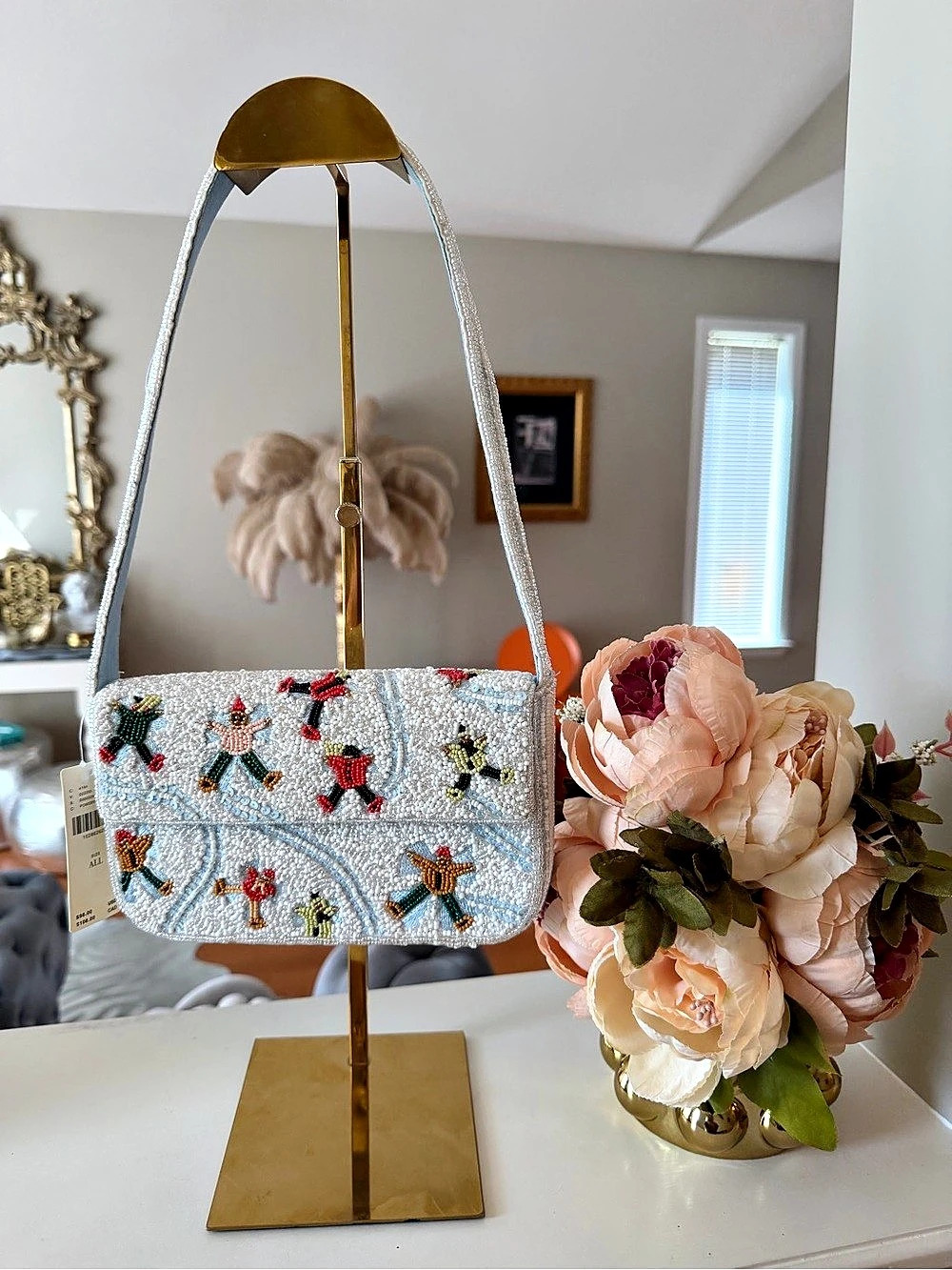 NWT Anthropologie Beaded Snow Angel Shoulder Bag Blue & White